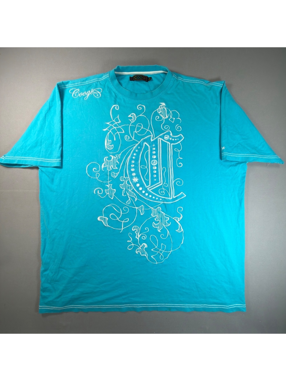 Coogi Shirt Mens 4XL Turquoise Blue White Embroidered Monogram Tee Y2K